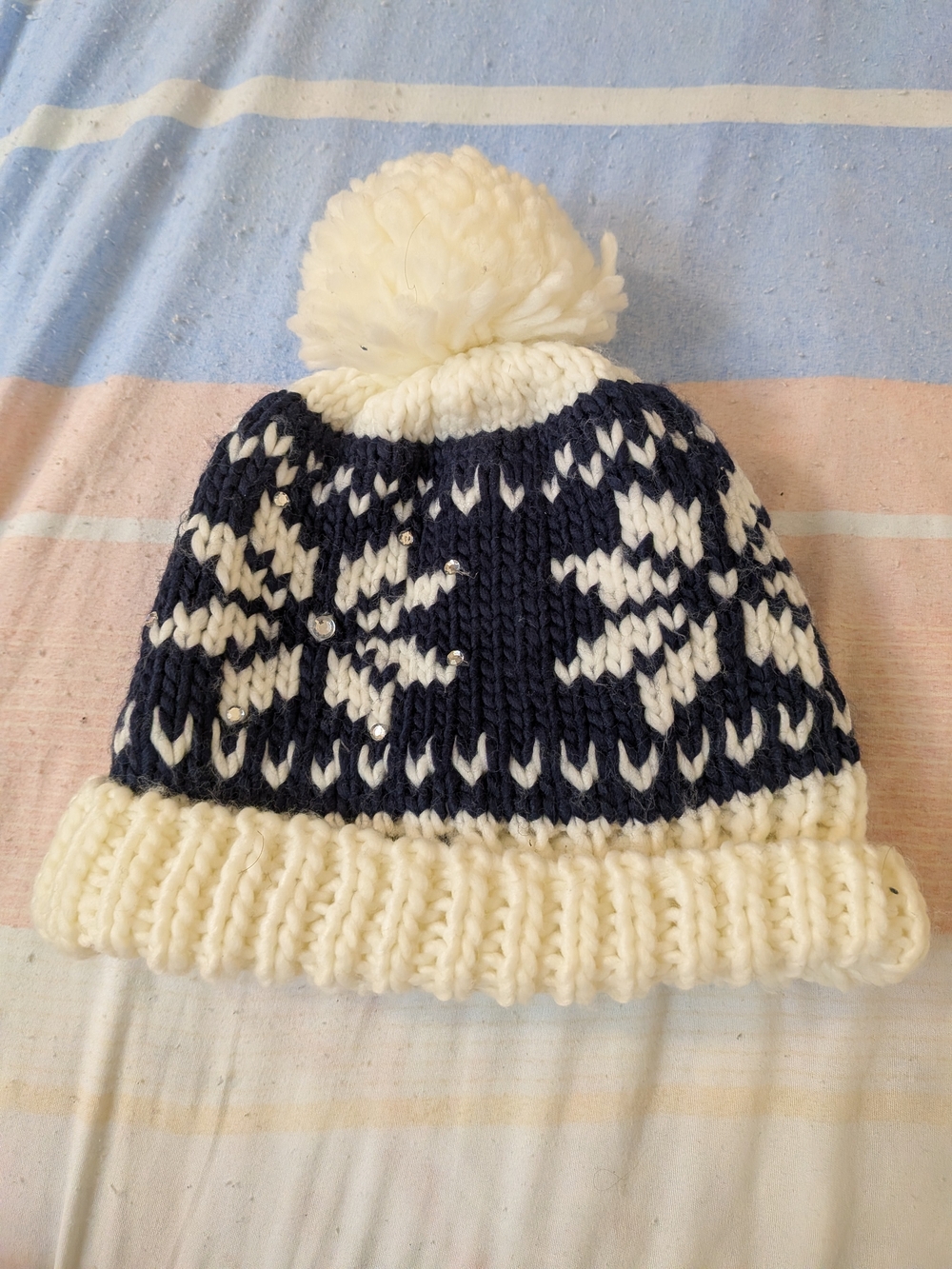 Navy and Cream Pom Pom Knit Beanie